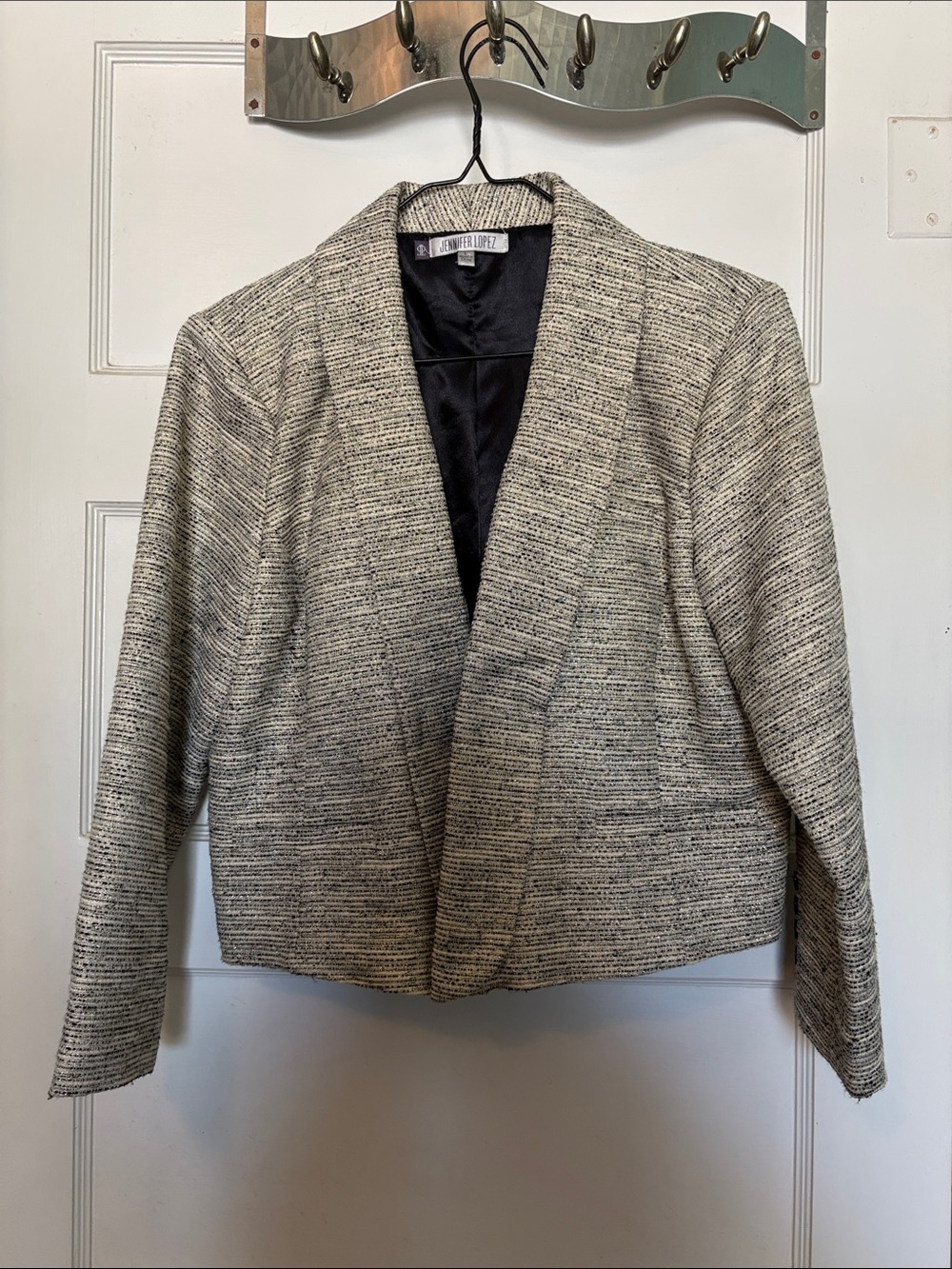 Jennifer Lopez Neutral Tweed Cropped Open-Front Blazer with Metallic Gold Size L